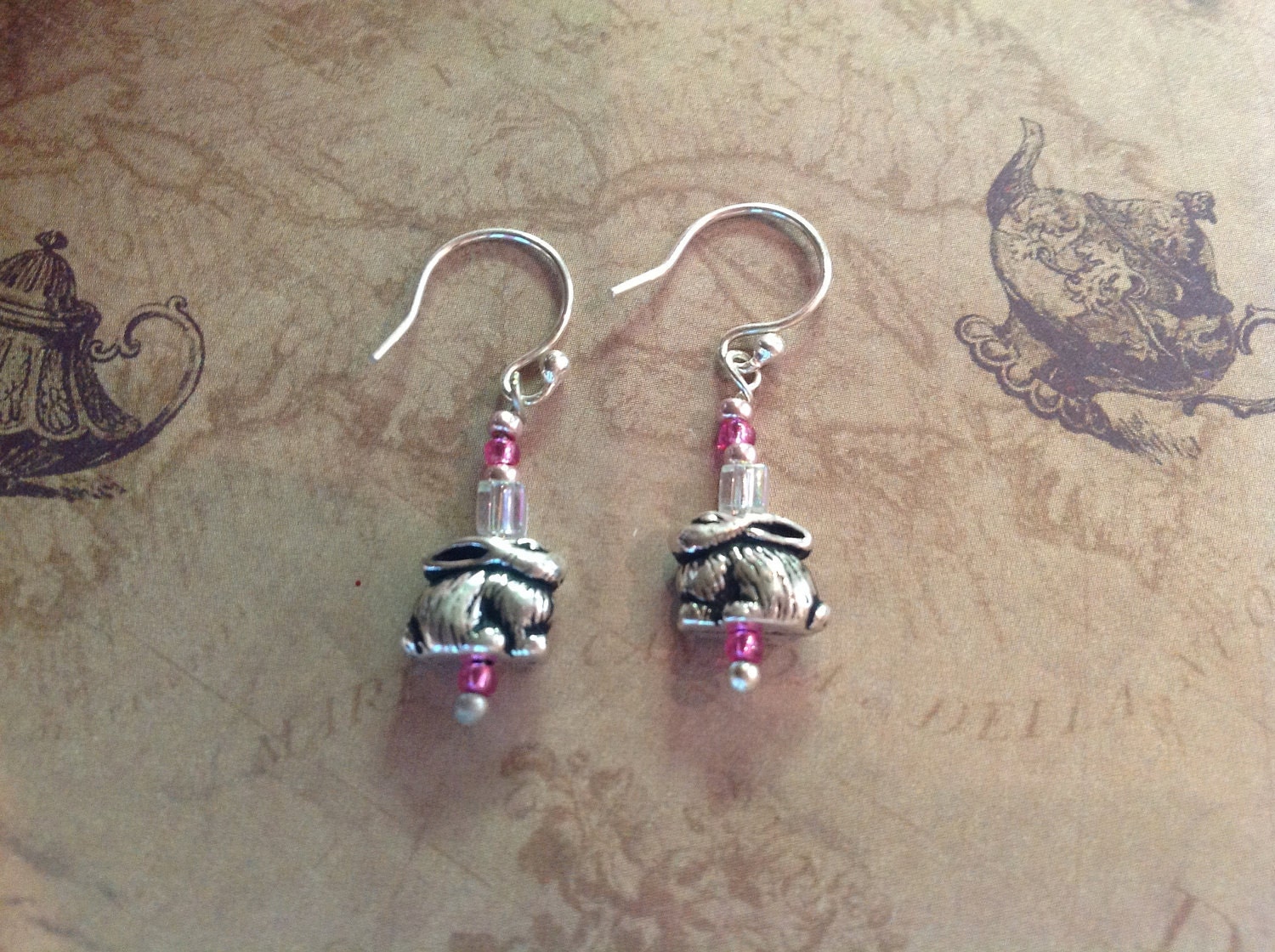 Bunny Rabbit Dangle Earrings - Pink Glass & Pewter - Sterling Silver earwires -  Wild Hare