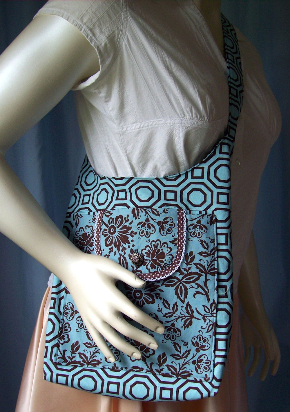 large reversible tote, handmade, Bag of Holding, long strap, cross body bag, purse, bag, blue and brown, ready to ship