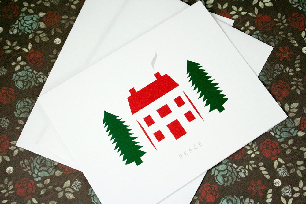 Christmas cards, peace, adorable retro red house. (set of 6)