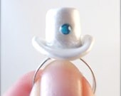 Adjustable Ring White Top Hat w Blue Crystal Kawaii Jewelry Cute Ring Simple