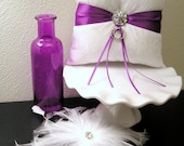 White Damask with Purple Ribbon Ring Pillow
