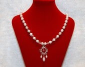 White Pearl and Swarovski Crystal Sterling Silver Fancy Necklace--"Pearly Gates" For Bride, Wedding, Formal Celebrations