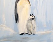 Original wildlife, acrylic painting, Father and Son Penguin, 16x20 stretched canvas, art on canvas