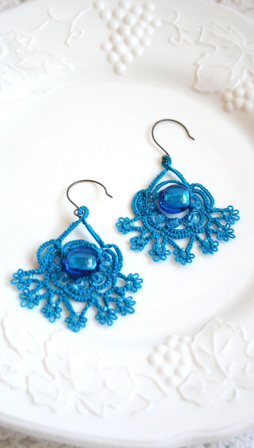 Deep Turquoise Blue Tatted Beaded Earrings