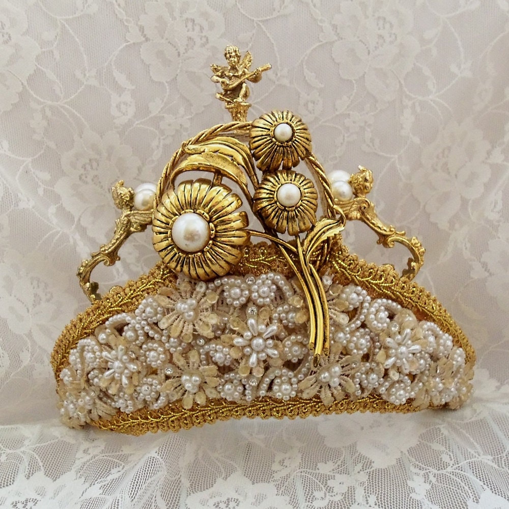 Royal Wedding Crown, Gold Tiara, Bridal Crown, Gold Renaissance Angels, Victorian Steampunk wedding Tiara, OOAK, Layaway Plans