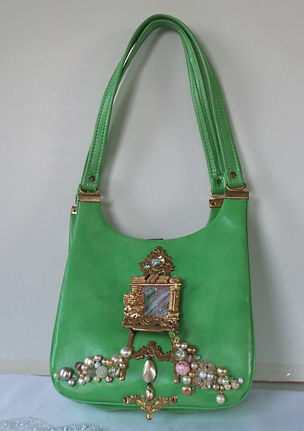 Unique Green leather handbag, beaded gallery purse, Haute Couture fine ...