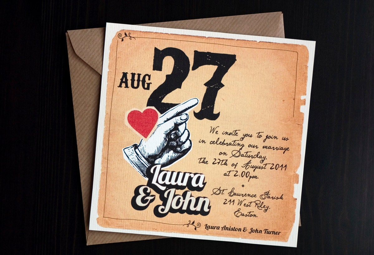 DIY vintage Wedding invitation suite with red heart / Engagement invitation / Scrapbook invites / "Something Old"