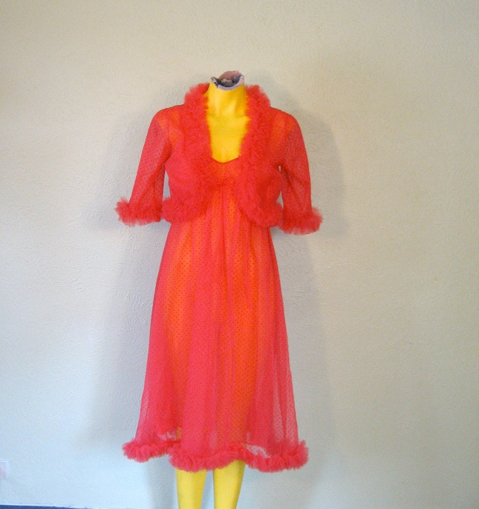 Hollywood Starlet Valentine Vintage Hot Pink Sheer Negligee/Nightgown with Matching Cropped Jacket