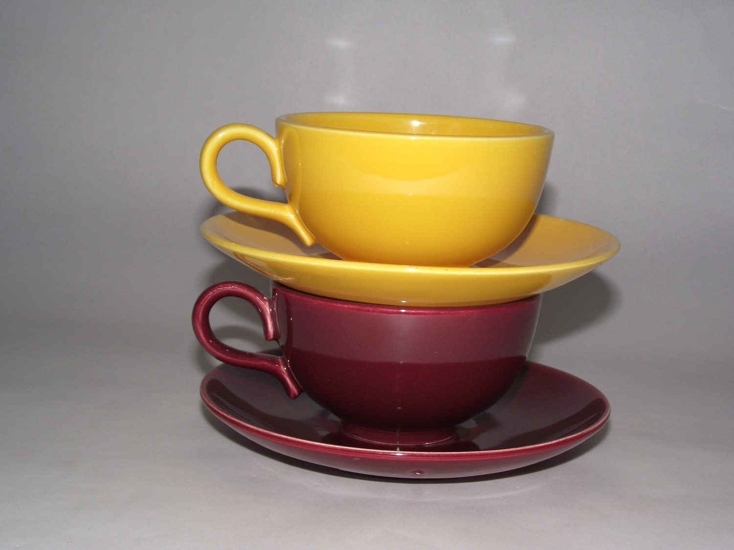 Mid-Century Vintage Homer Laughlin Rhythm Yellow & Maroon Tea Cup and Saucer Set