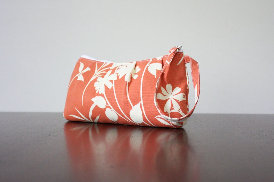 MTO Pleated Wristlet in Orange with Ivory Flowers Home Decor Fabric