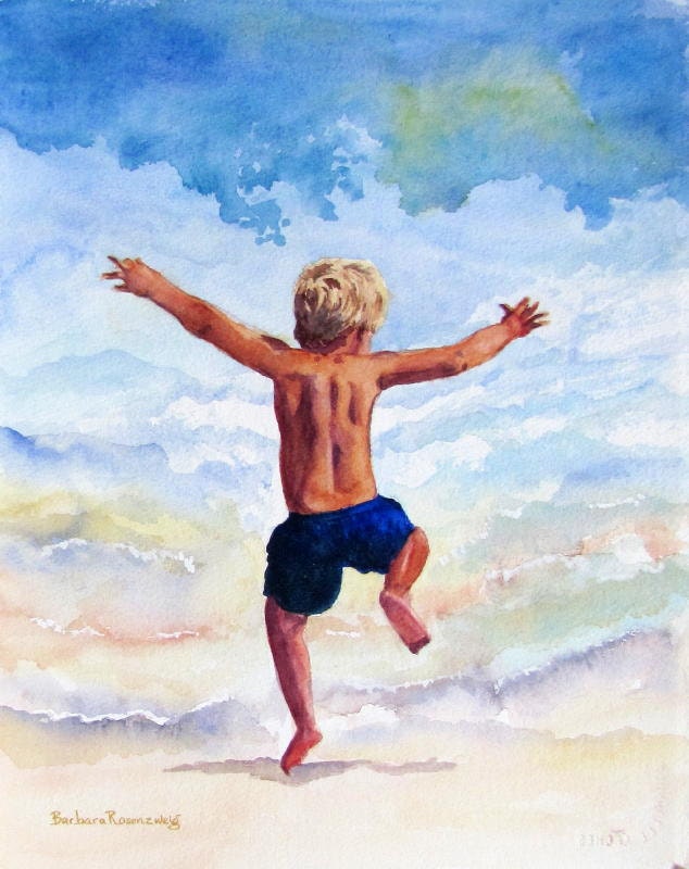 Boy into the Surf, Beach Watercolor Painting Art Print, Etsy, Child Water Seashore Fun, Reproduction of Original, Barbara Rosenzweig