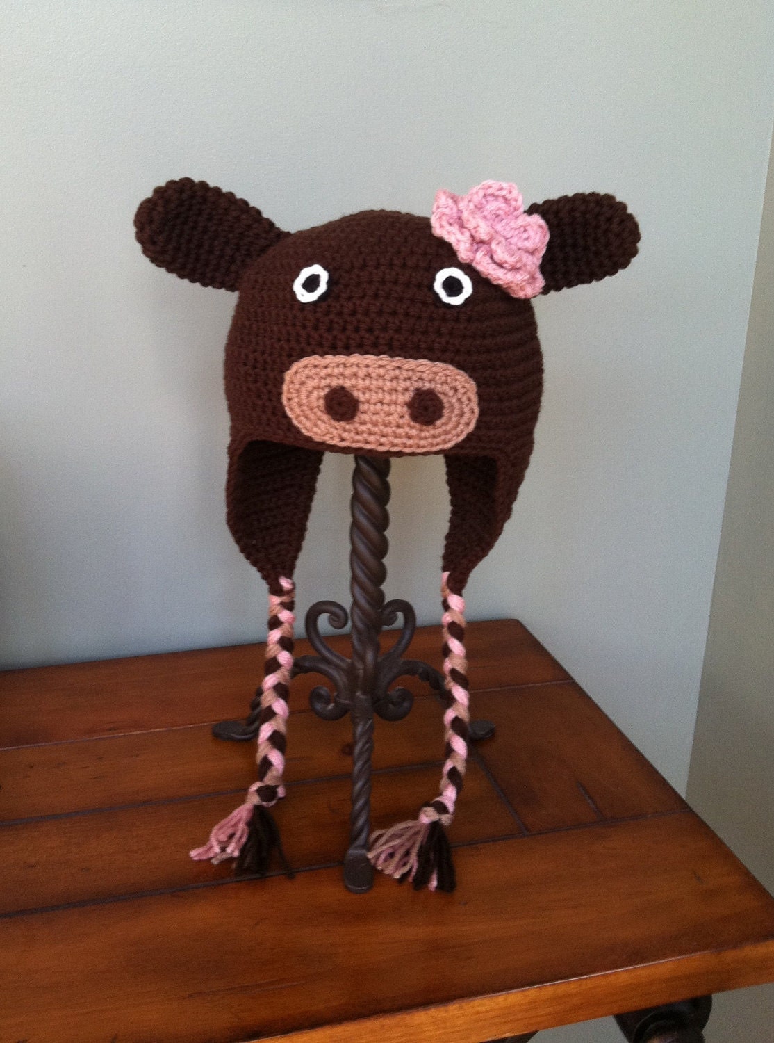 Girl Cow Baby Beanie with Earflaps and Braids and Flower (You Choose Size Newborn - Adult)