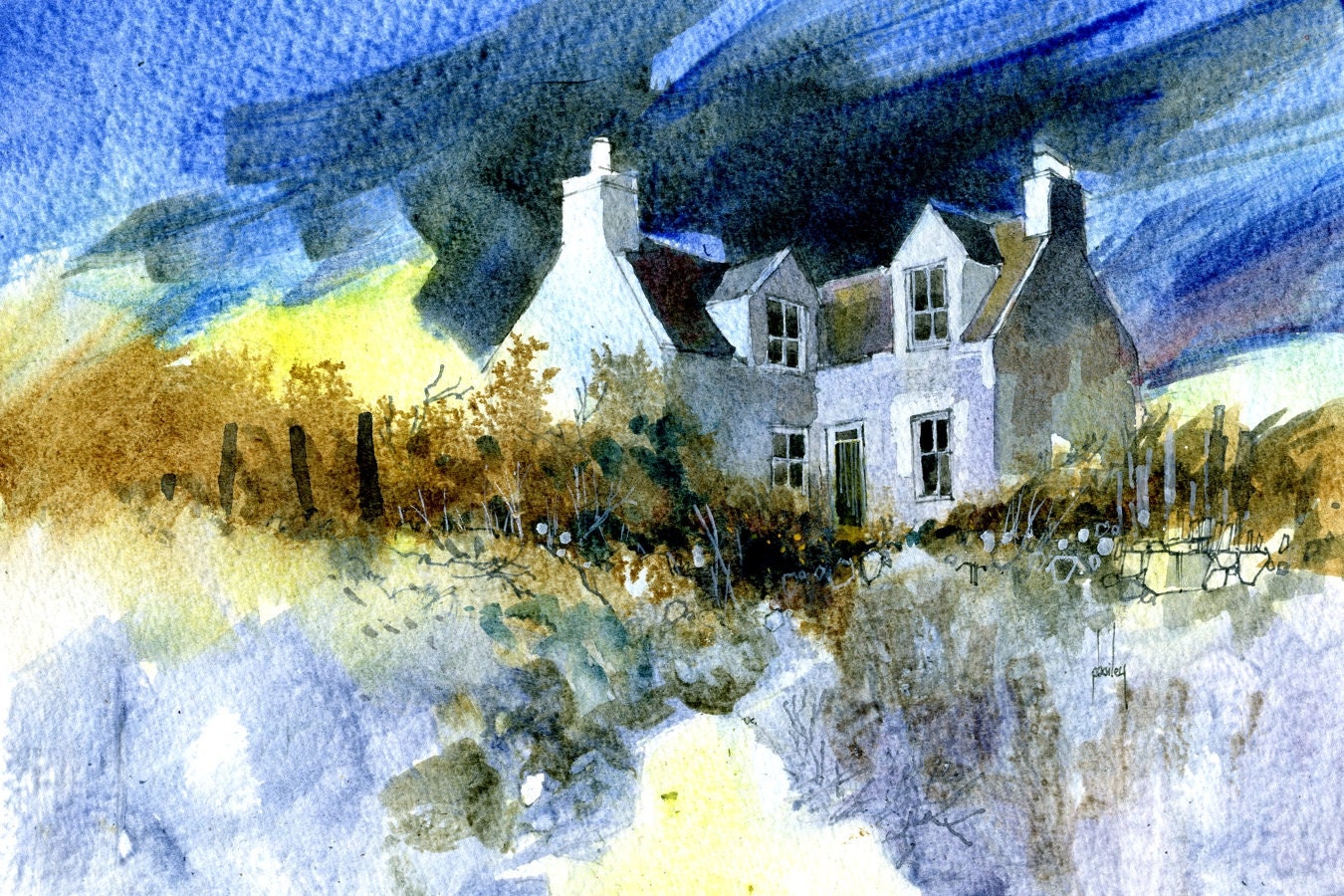 Original watercolor painting - December cottage