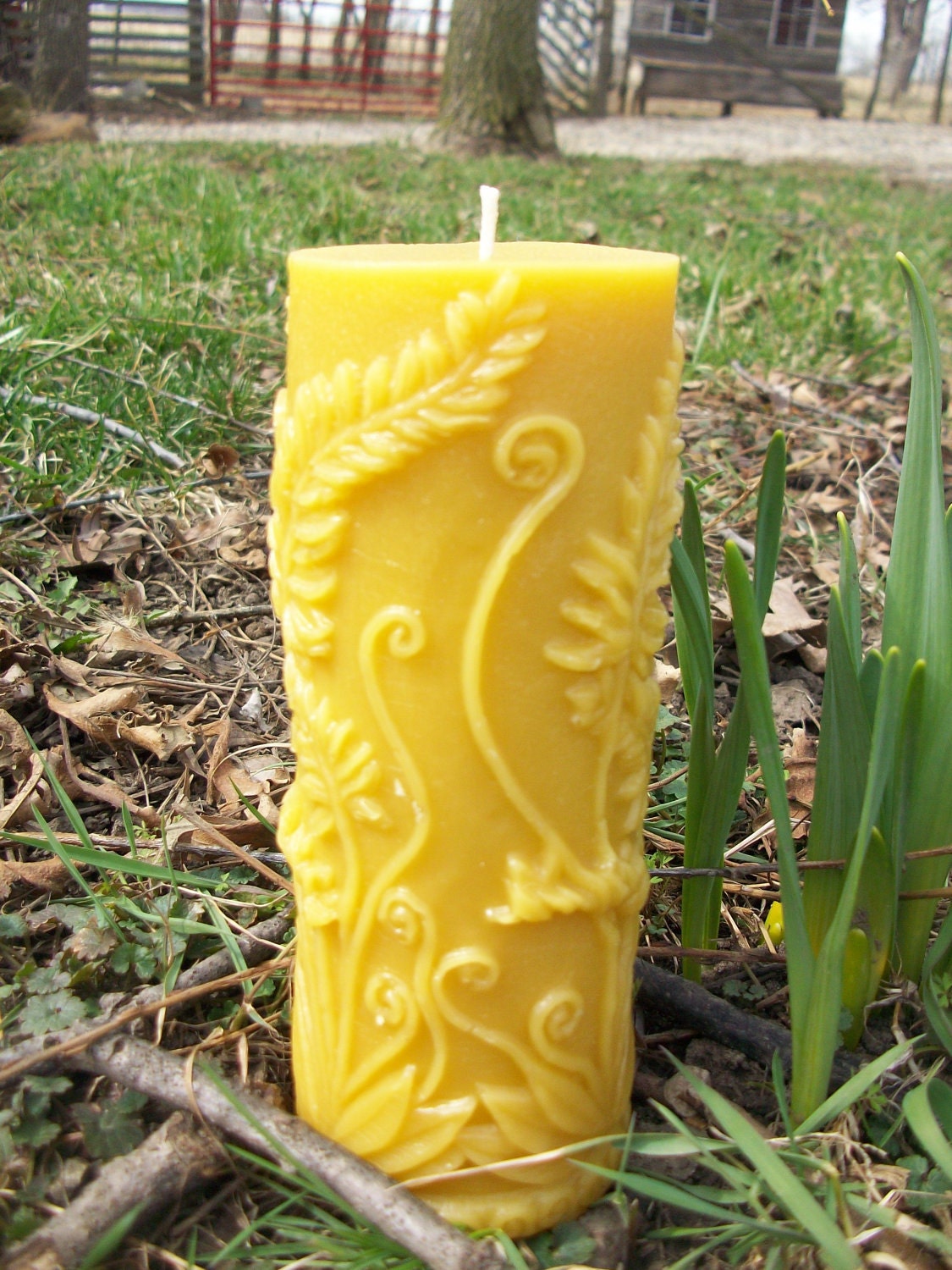 Beeswax Candle- fern leaf cylinder pillar