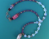 Owl totem necklace. barn owl pendant on moonstone necklace. purple and white wooden beaded necklace