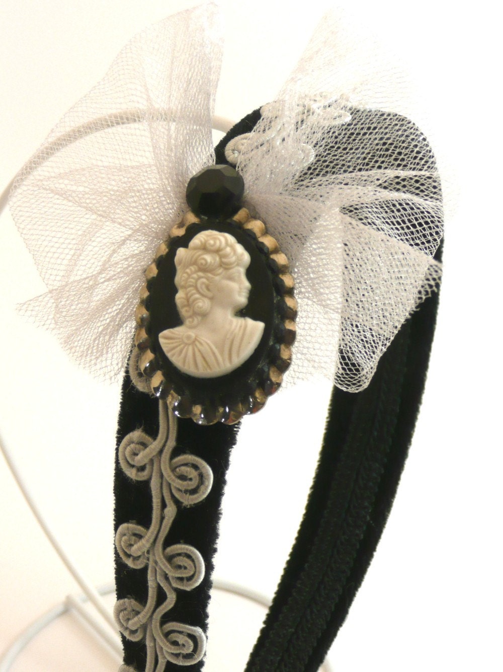 Vintage Cameo Hair Accessory, Black Velvet Headband with Gray Swirl Trim, Black, White Cameo with Tulle Bow