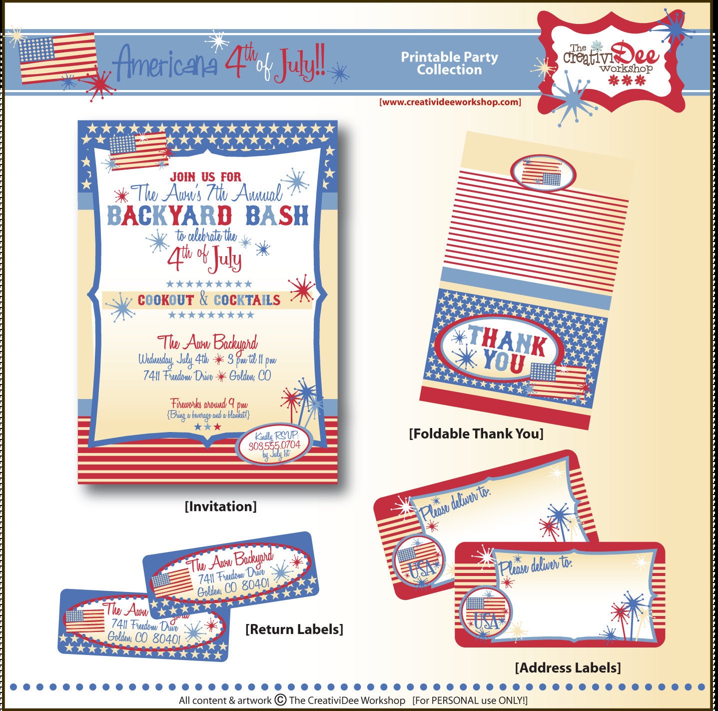 Fourth of July Printable Custom Invitation, Matching Thank You, Address Label and Return Labels