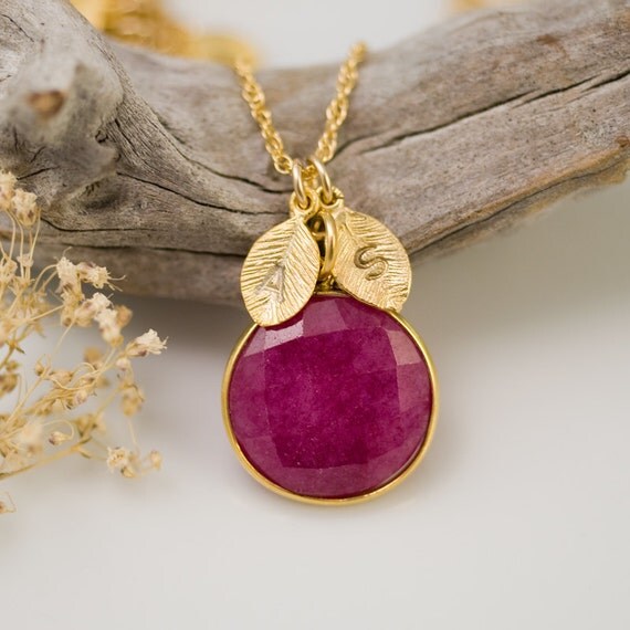 July Birthstone - Personalized - Red Ruby Necklace - Personalized Jewelry - Custom Stamp Initials