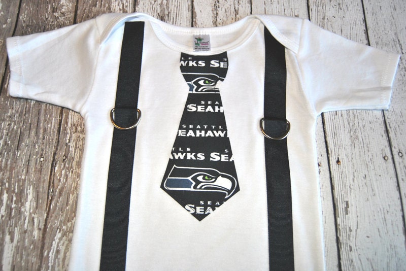 NFL Seattle Seahawks Football Inspired Tie and Suspenders Onesie - Made to Order - 0-3M through 24M