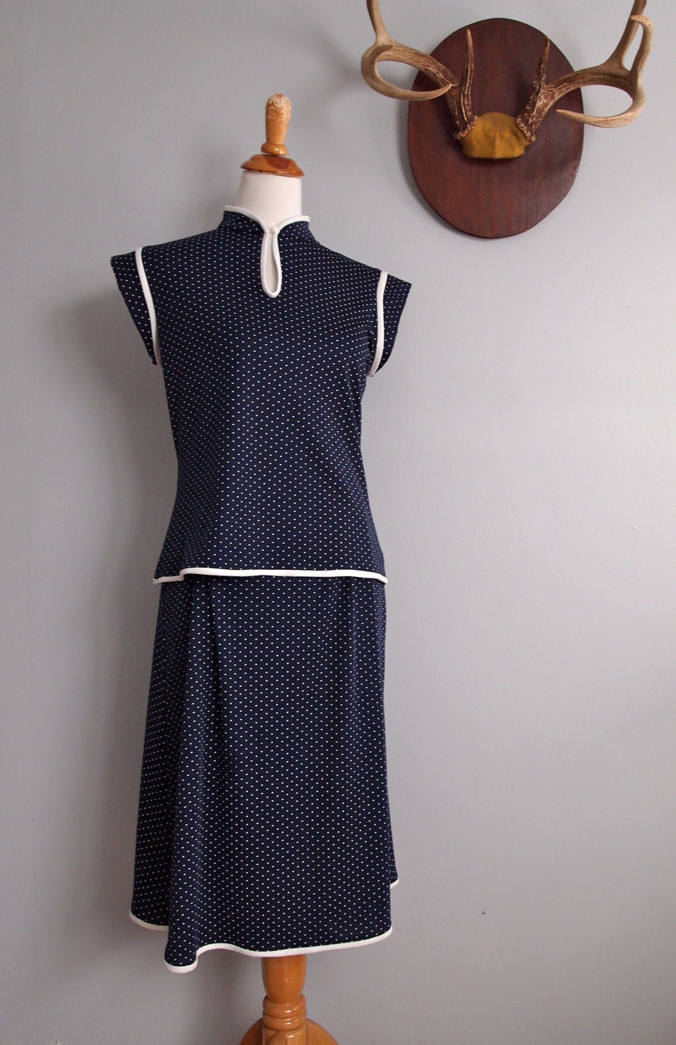 Polka Dot Skirt Set in Navy and White  //  Midi Skirt Set in Blue