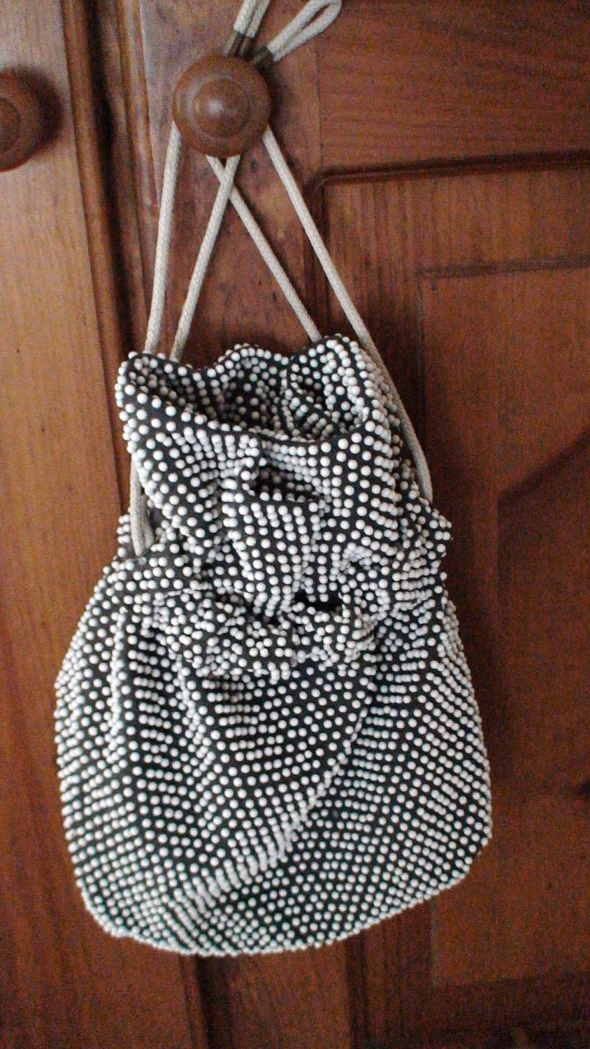 Vintage 1950's Beaded Drawstring Handbag, White Beads on Charcoal Black Fabric, Fully Lined