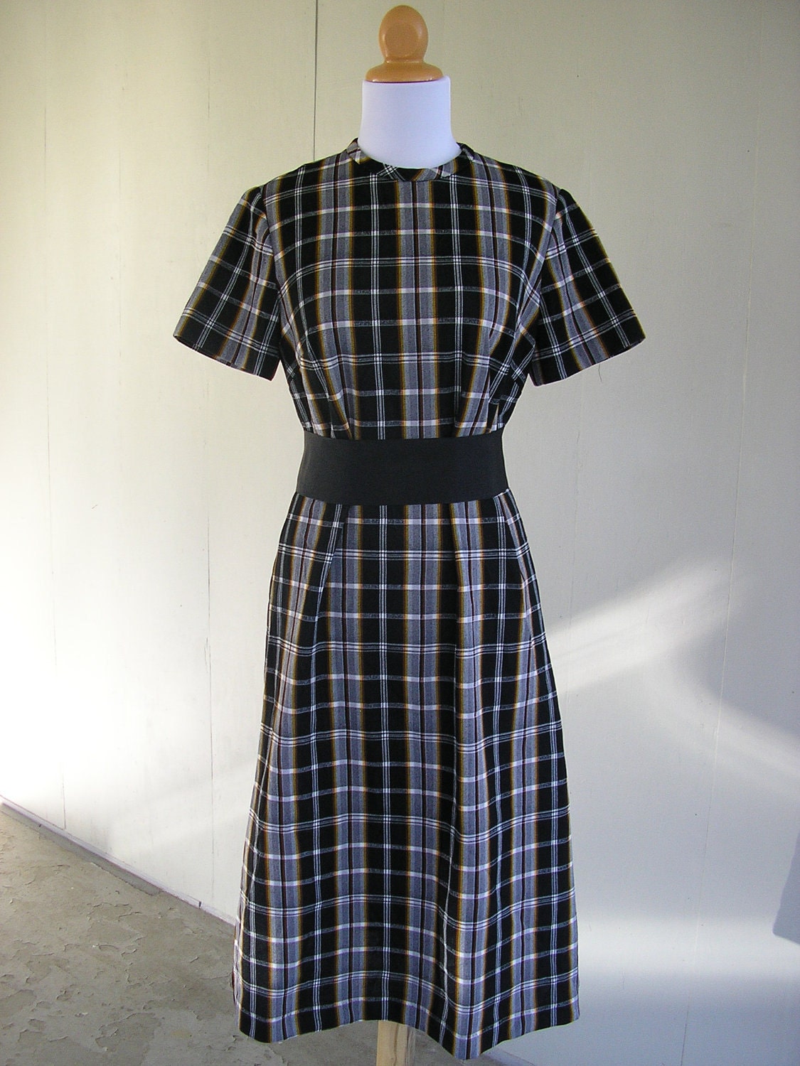 1970s dress / 70s Black Checkback dress