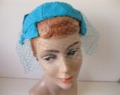 Vintage 1950s Hat Teal Bow Veil 1960s Turquoise Blue Bridal Fashions