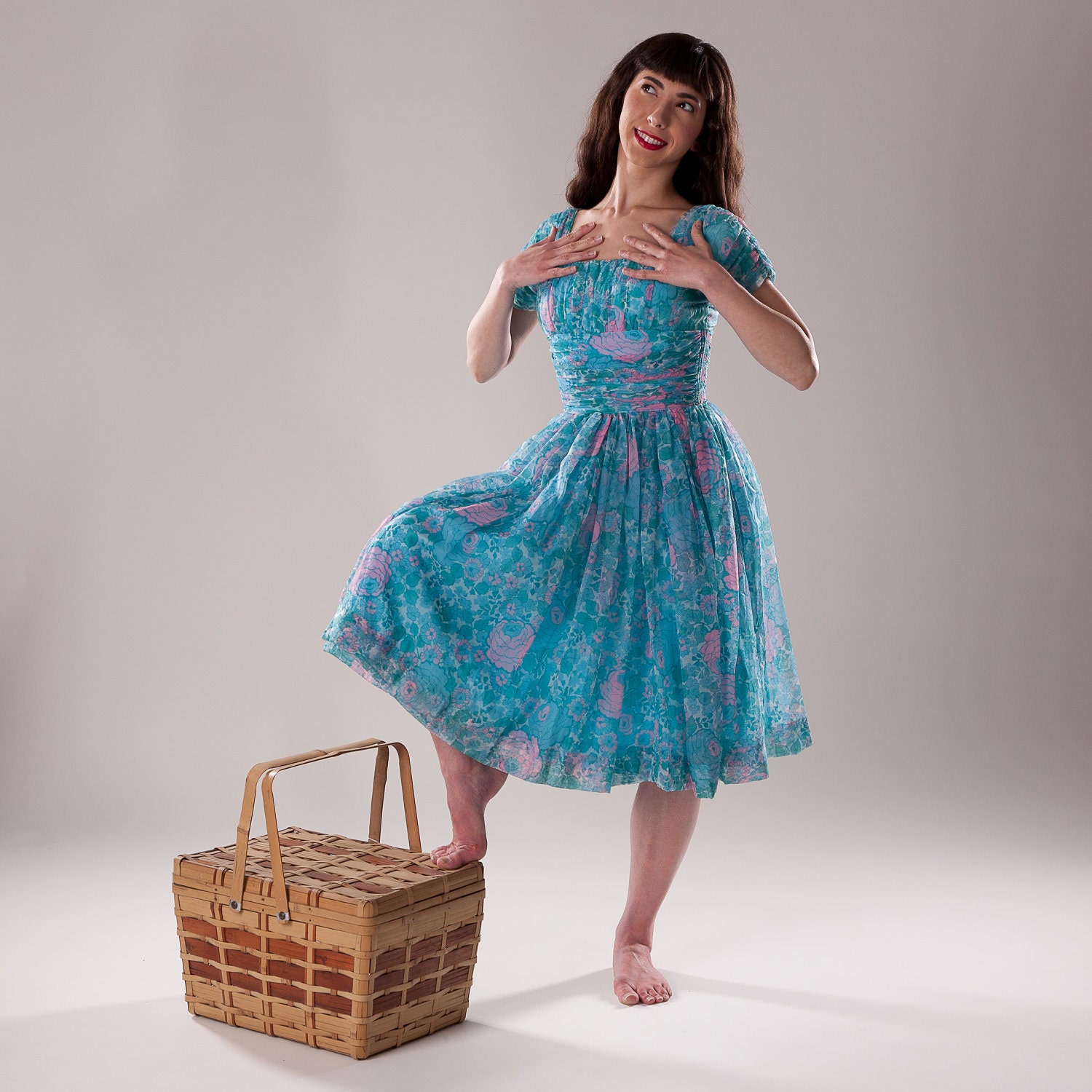 Vintage 1950s Dress Jonathan Logan Teal Floral Spring Wedding Fashions Small