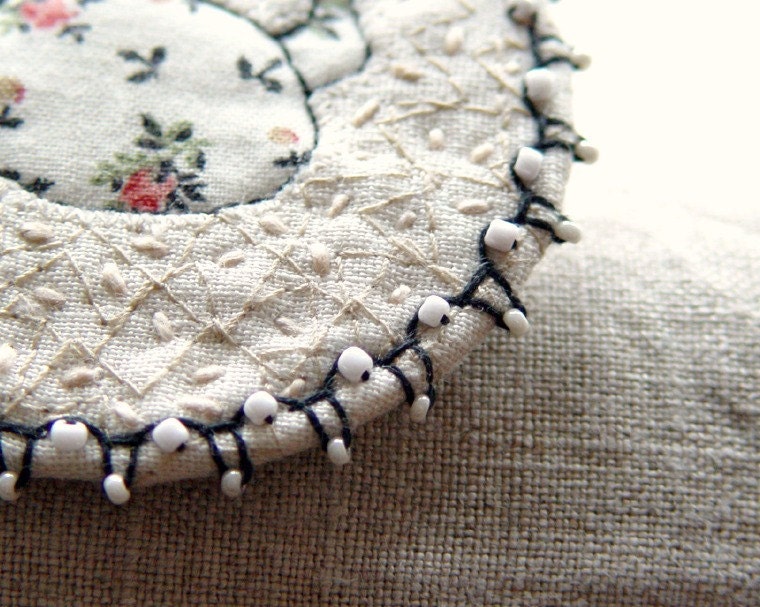 Embroidered Brooch, Textile Jewelry, art brooch, beaded jewelry, white linen brooch