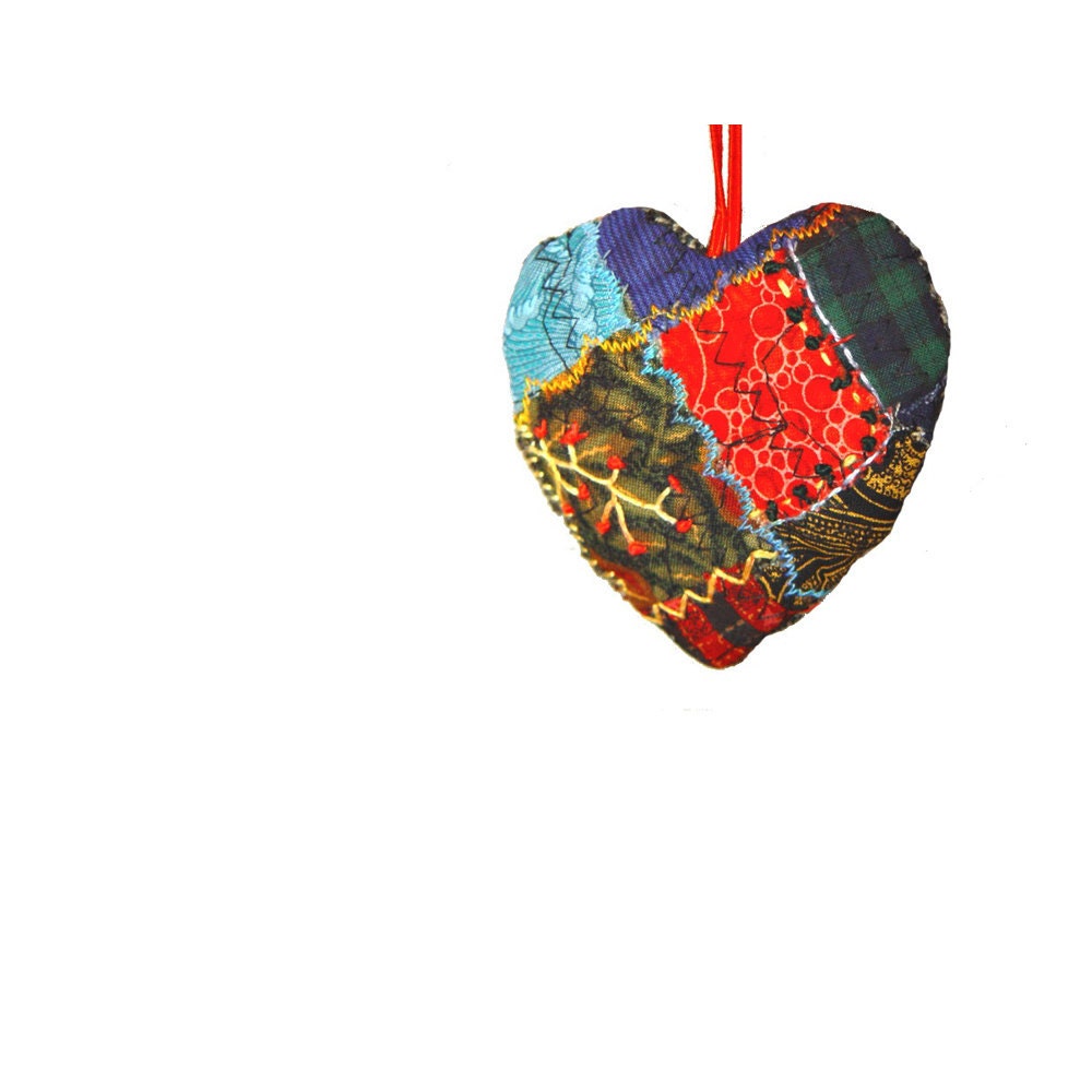 TEXTILE HEART, Embroidered Ornament, personal gift idea, for her, crazy heart