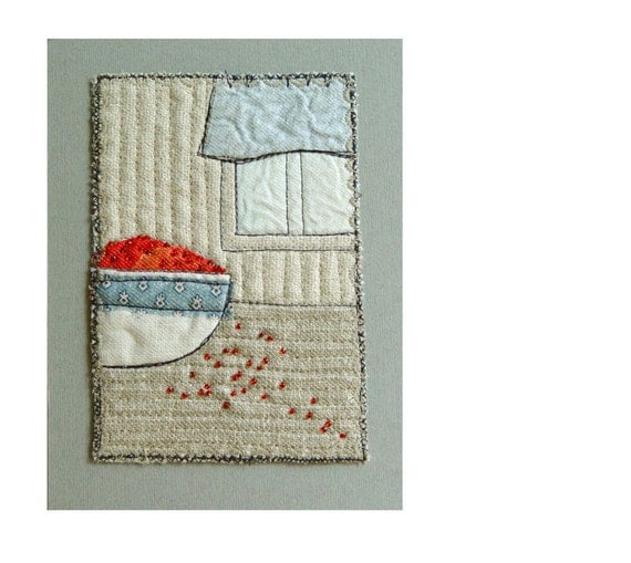 RED BERRIES, Mini Textile Art, Embroidery Art, Wall Art