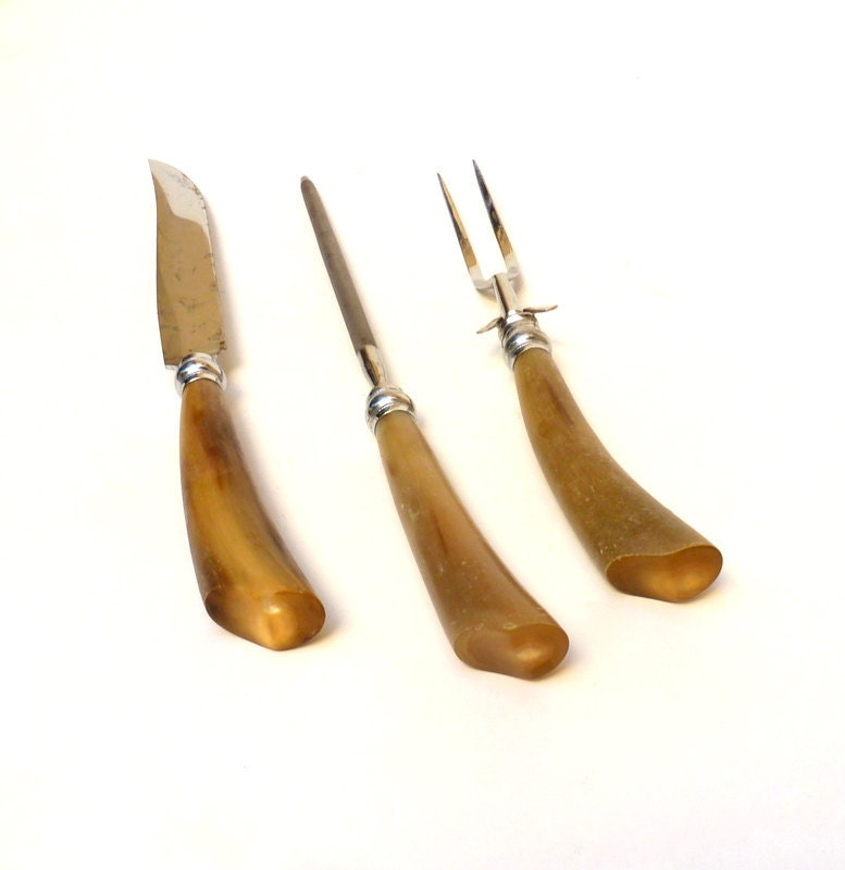 Vintage Carving Set, Horn Handles.  Antique 1920s, Knife, Fork, Sharpening Steel.  Chrome, Amber, Elegant, Primitive.  Royal Brand Cutlery.