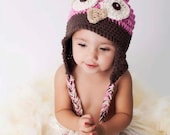 SALE - Newborn Baby Crochet Owl Hat - Baby Photography prop in cotton pink and brown - Sizes newborn to 4T
