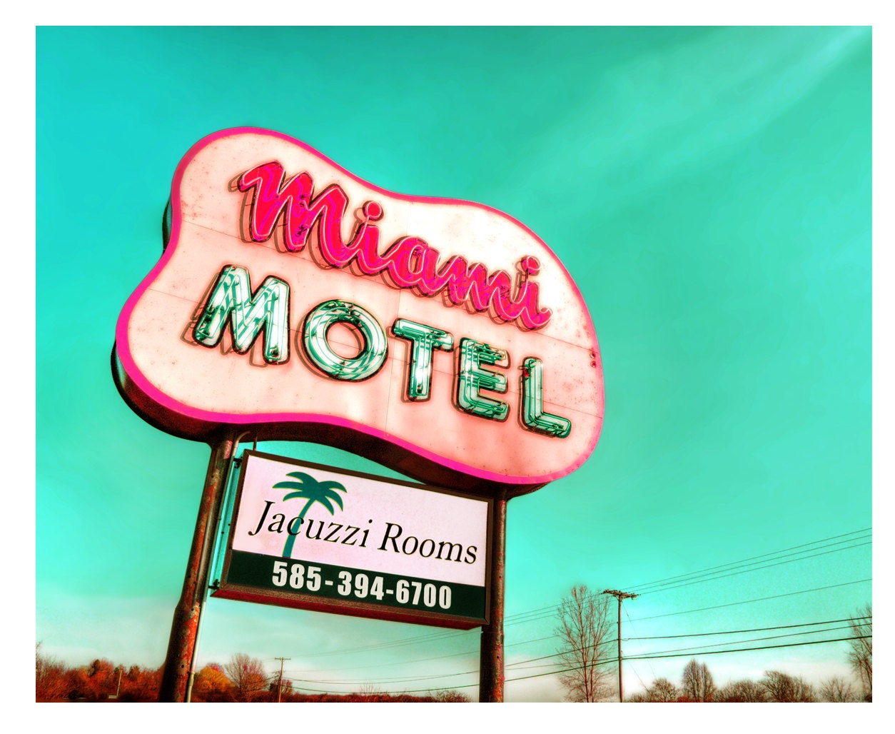 still life, landscape, color, Retro Sign, Vintage , Atomic, Mid Century Modern,Teal, Pink, Magenta,  11x14