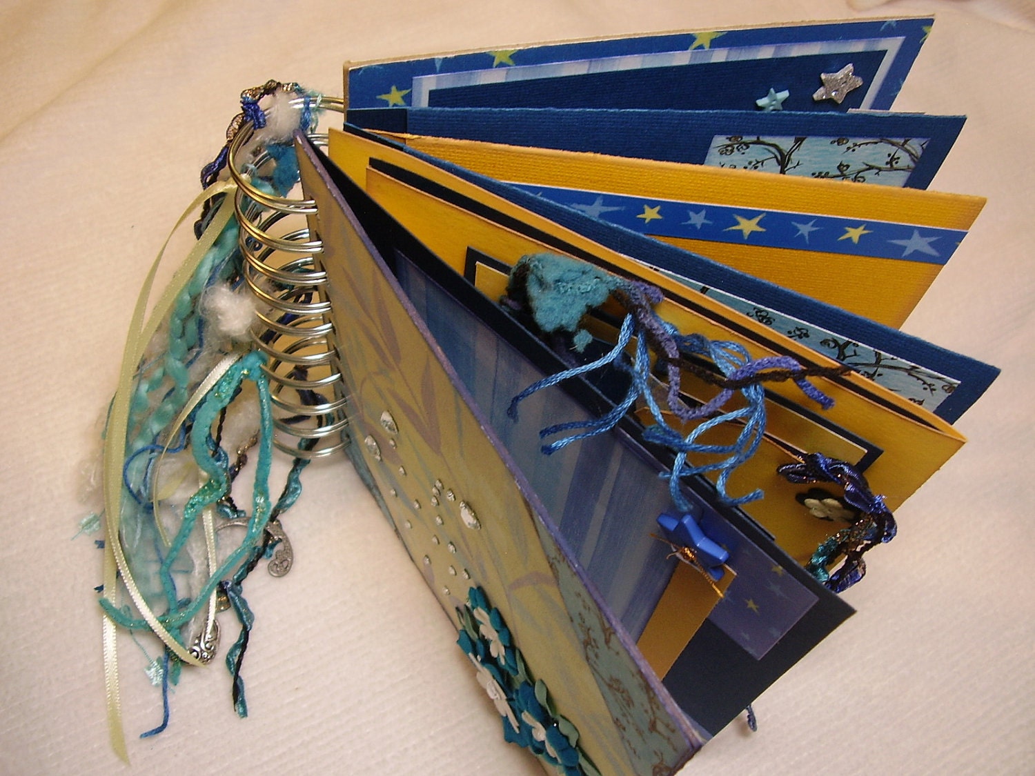 Journey thru Life Mini album, Flip Out Pages, Flip to the Side Pages, Blue, Yellow, Fibres, Charms, Gems, Flowers