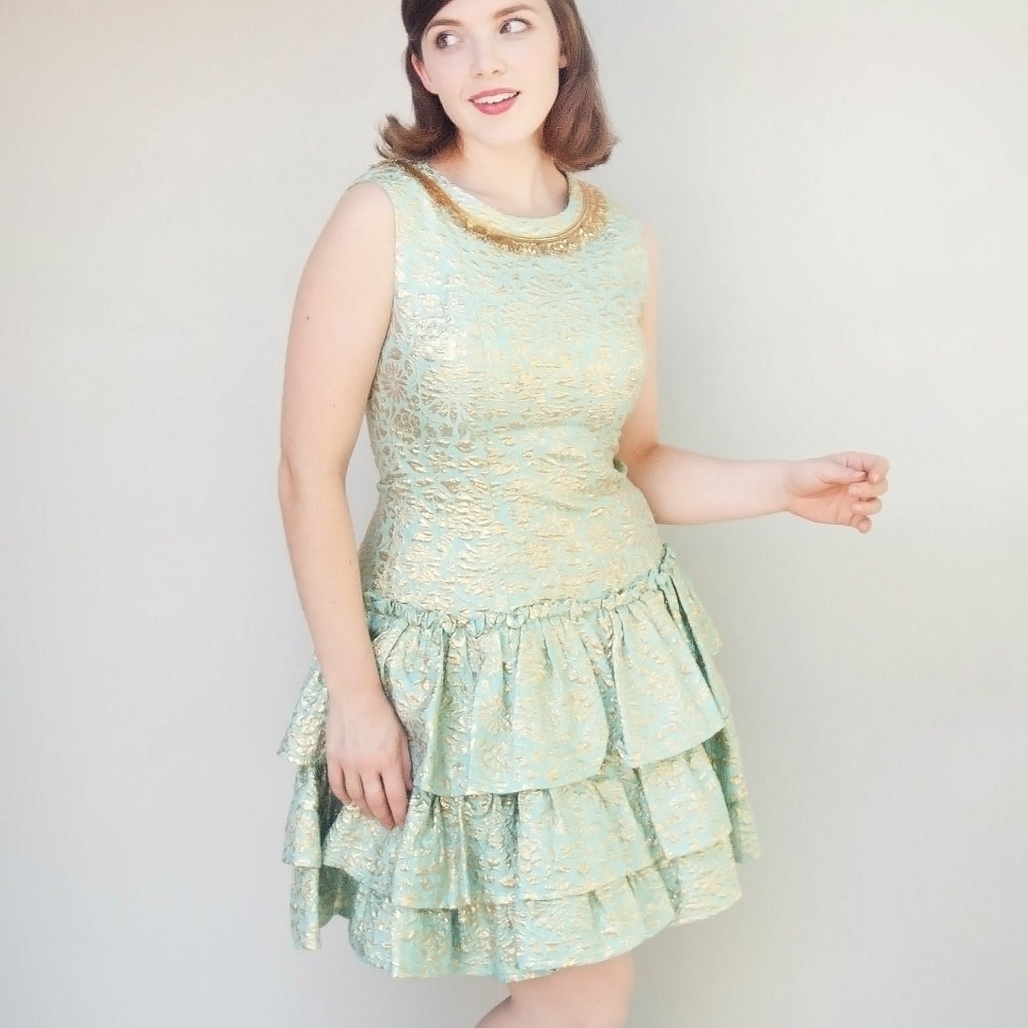 Vintage 1960s Dress - Gilt - Seafoam Mint Green and Gold Brocade Party Dress