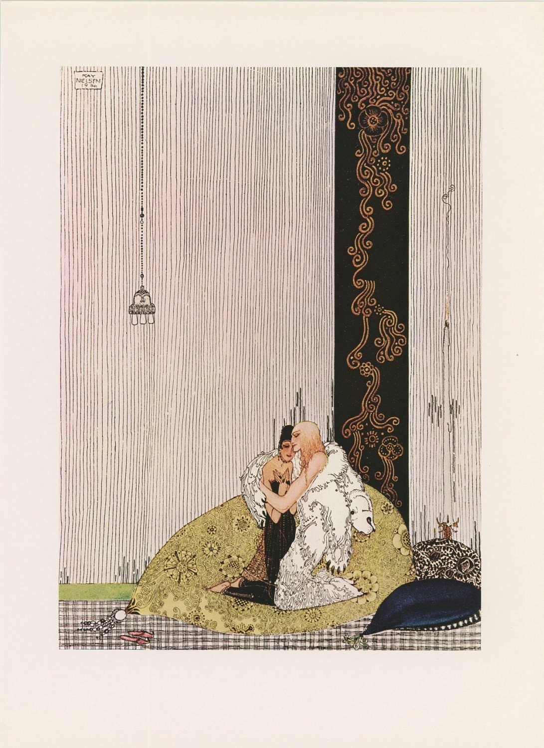Prince In Polar Bear Skin Holding Princess On Pillows In Palace, East Sun West Moon, Kay Nielsen, Antique Children Print, USA, 1975