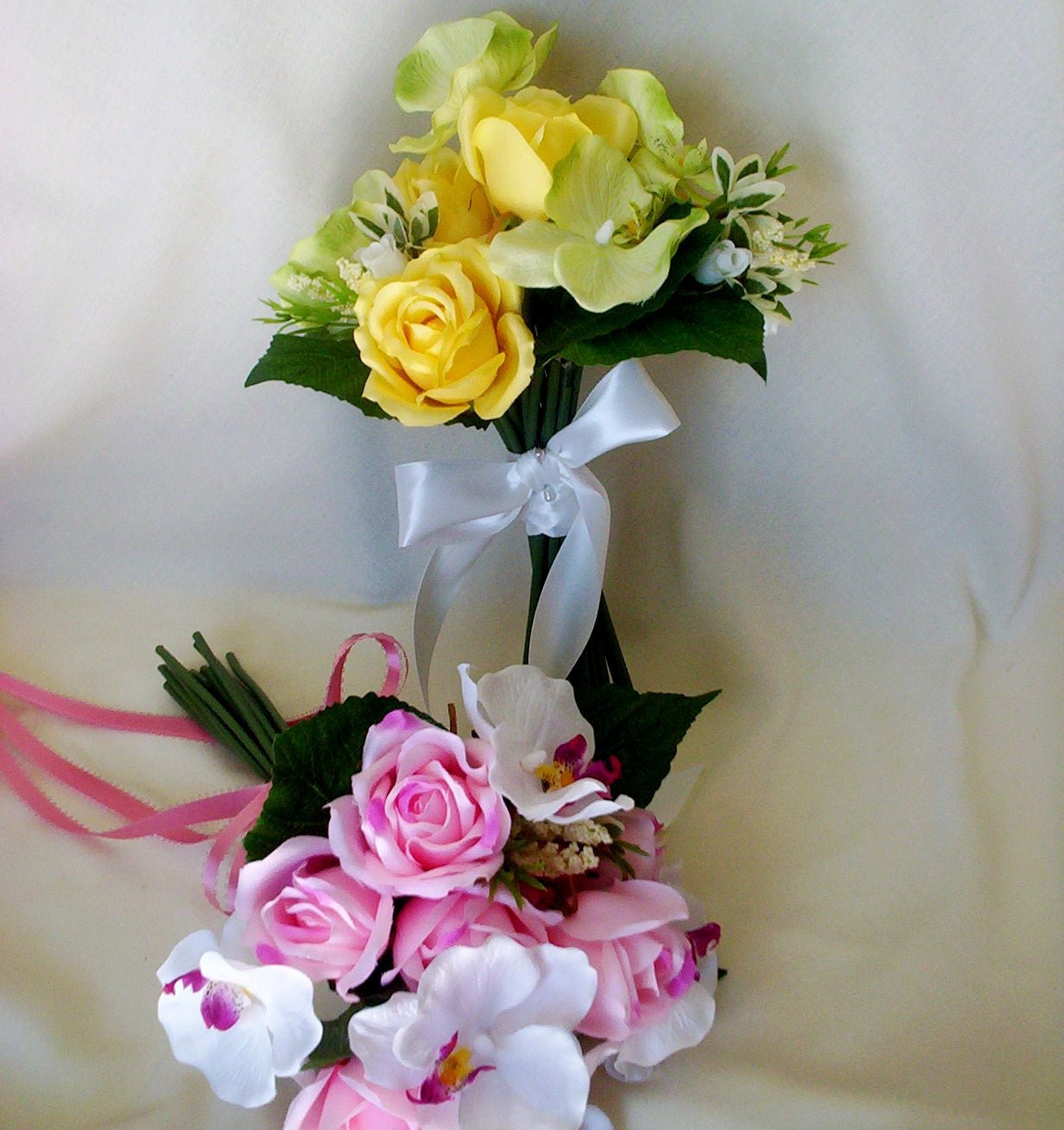 Pink Wedding Bouquet Ready to Ship silk roses Orchids bridal bouquet or Yellow bokay faux destination wedding flowers