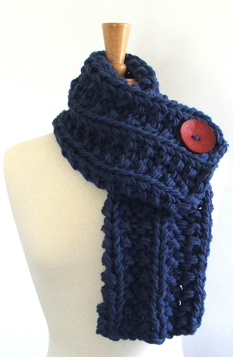 Chunky Knit Colonial Blue Cowl Scarf with Large Red by AMarieKnits