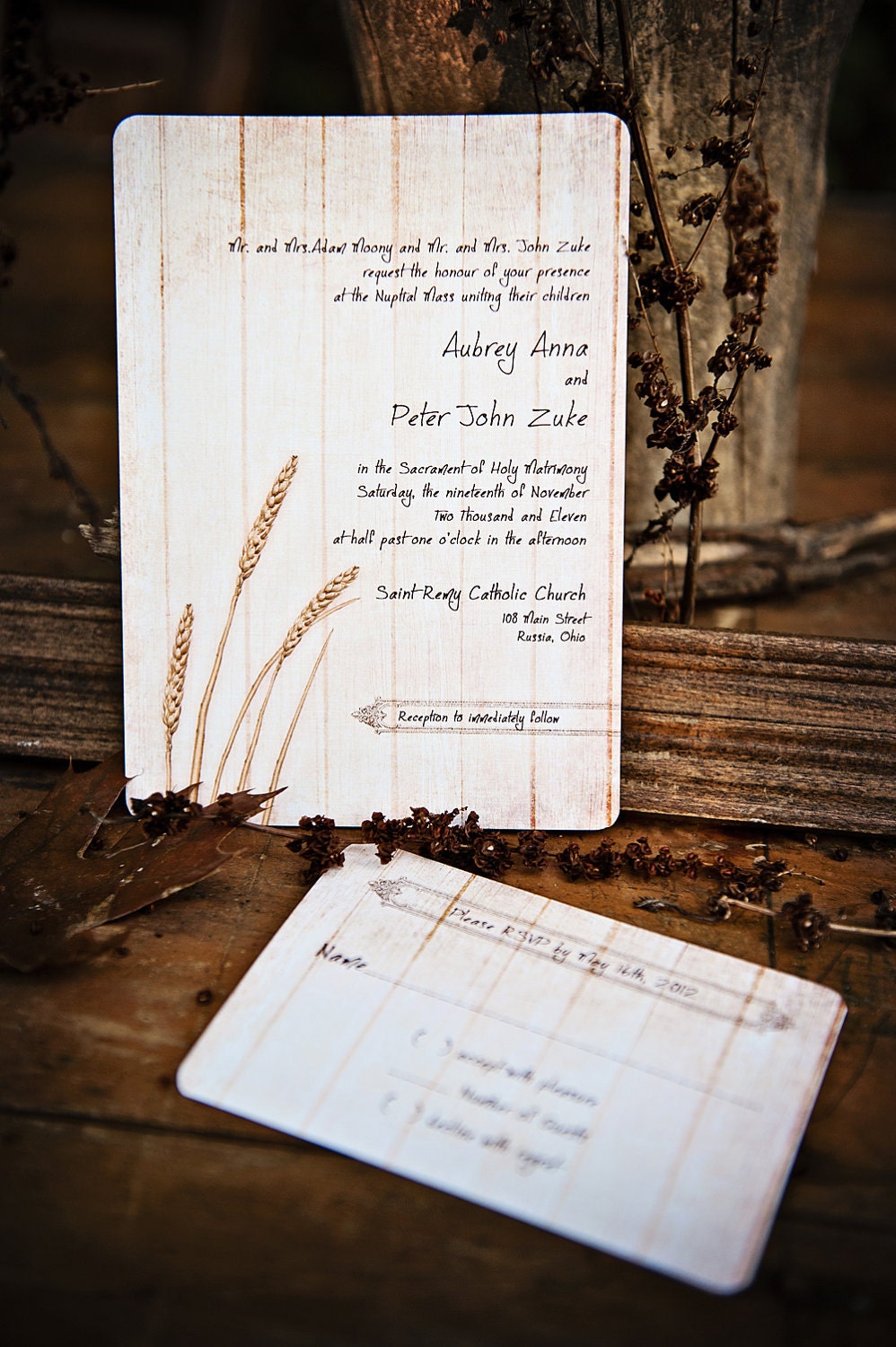 Rustic Wood Golden Wheat Wedding Invitations - DEPOSIT