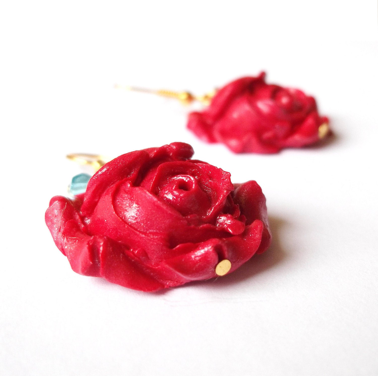 Red Roses Romantic Earrings. Blue Swarovski Crystals, Gold Earrings Polymer Clay Roses