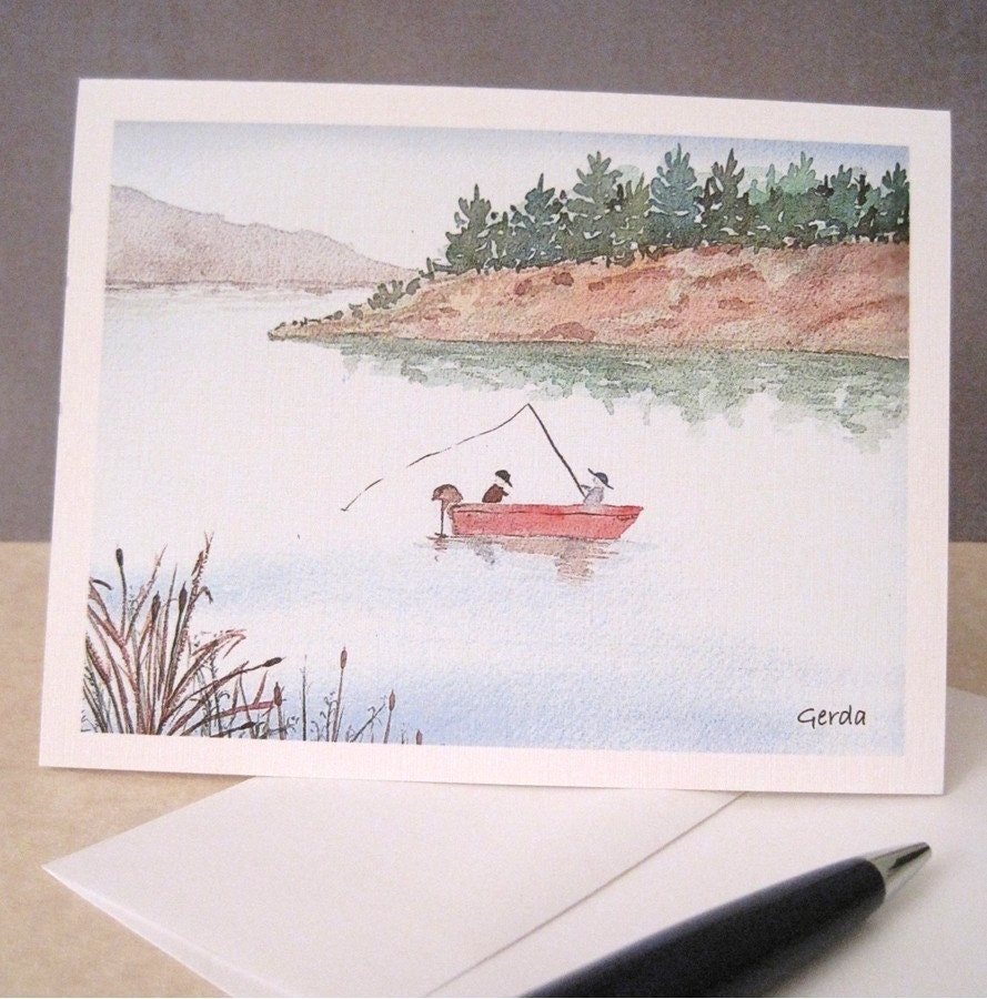 Gone Fishing lake water color card honeymoon romantic cabin rustic father's day