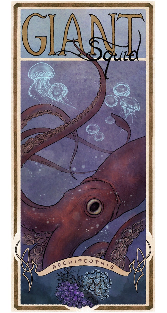 Giant Squid Poster, Wildlife Sea Art - Archival Art Print LARGE 11 x 17