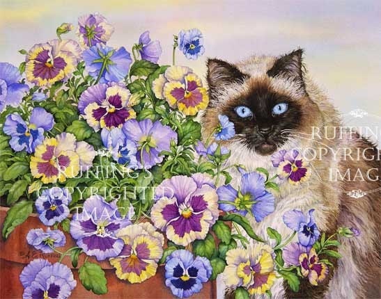 Ragdoll Cat and Pansies Giclee Fine Art Print, Floral, Lavender, Blue, Yellow, Signed A E Ruffing, on 8.5 x 11 inch art paper
