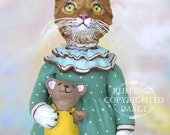 Art Doll, OOAK Original Ginger Tabby Cat with Teddy Bear, Hand Painted Folk Art Figurine Sculpture, Suzannah by Max Bailey