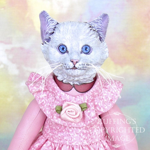 Art Doll OOAK Original White Cat Hand Painted Folk Art by ruffings