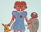 Two Headed Paper Doll and Puppy Dog Friend, Mixed Media Collage Print, A Special Occasion, 8x10 Colorful Art