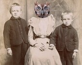 Owl Art Print, Mixed Media Collage Print, Mother Owl, Altered Antique Family Portrait, frighten