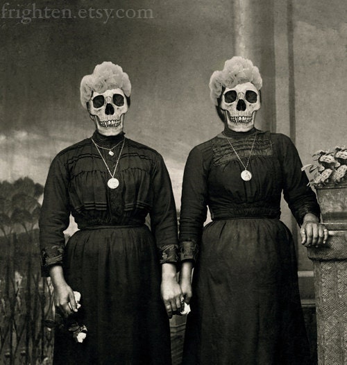 Halloween Decoration, The Grimm Girls, Altered Antique Black and White Mourning Photo of Two Sisters, Halloween Decor