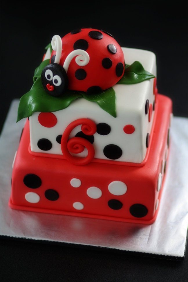 Ladybug Fondant Cake Topper and Matching Polka Dot and Age Cake Decorations Perfect for a Ladybug Party
